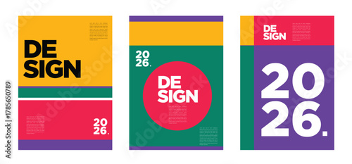 Vivid and futuristic 2026 posters with energetic gradients, abstract shapes, and bold compositions