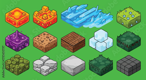 Isometric game tiles texture pack lava ice grass dirt stone wood