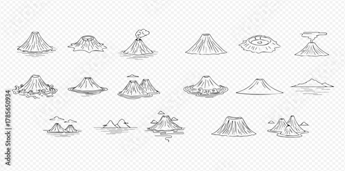 Hand-drawn sketch collection of various volcano types and mountain formations in line art style.