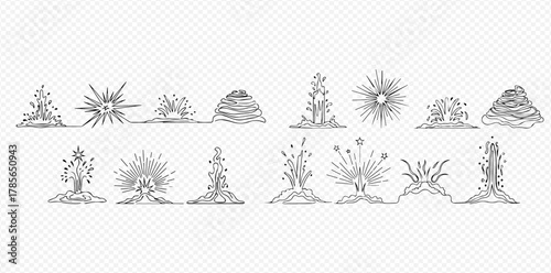 Hand-drawn sketch set of various explosion, burst, and eruption effects in line art style.