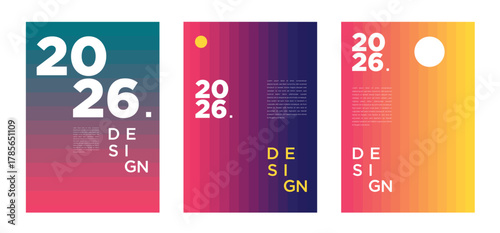 Vivid and futuristic 2026 posters with energetic gradients, abstract shapes, and bold compositions