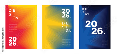 Vivid and futuristic 2026 posters with energetic gradients, abstract shapes, and bold compositions