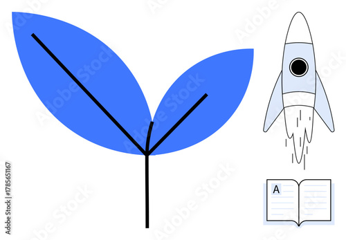 Two blue leaves with branching lines, a launching rocket, and an open book emphasize growth, education, innovation, sustainability, eco-friendly initiatives, startup success forward thinking. A