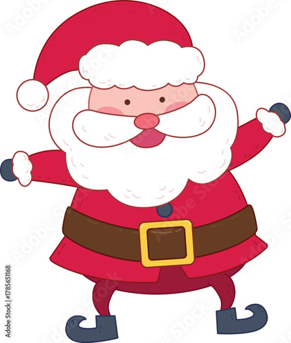 Cheerful cartoon Santa Claus in red suit and hat.