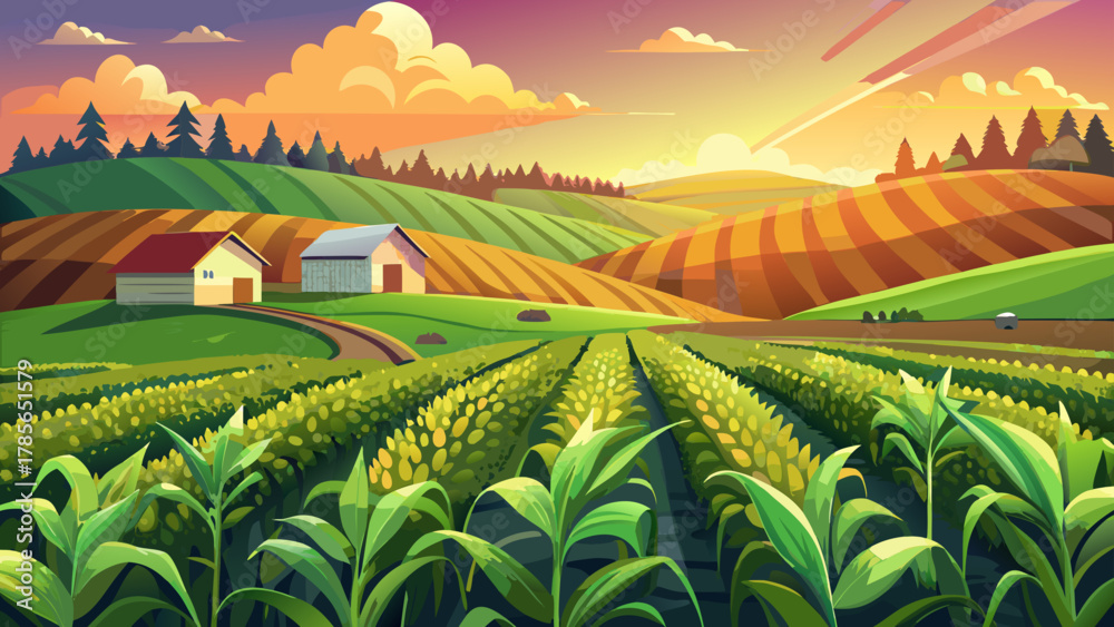 Fototapeta premium Very beautiful fields of young corn near a farm on rolling hills in Iowa during a sunny spring evening, featuring warm golden light, fresh green crops, gentle slopes, and a realistic peaceful rural la