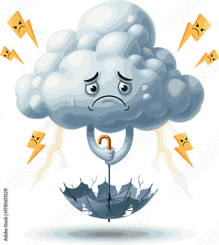 Sad cartoon cloud holding an umbrella during a lightning storm