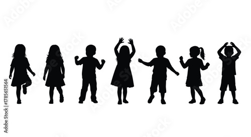 Joyful kids dancing and playing together silhouette on white background