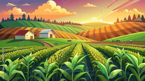 Very beautiful fields of young corn near a farm on rolling hills in Iowa during a sunny spring evening, featuring warm golden light, fresh green crops, gentle slopes, and a realistic peaceful rural la