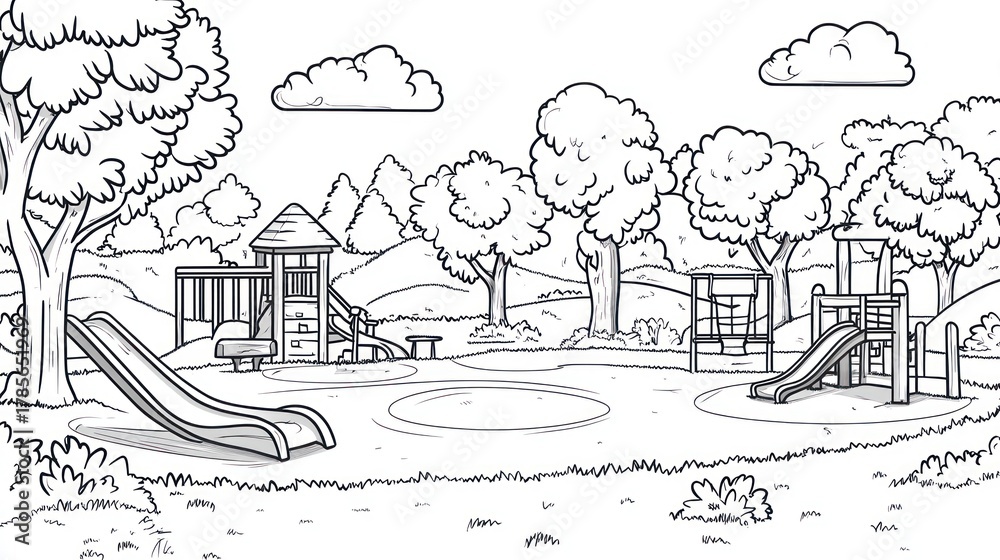 Fototapeta premium Playground scene; drawn. Two slides, climbing frames. Trees, clouds. Education, coloring books