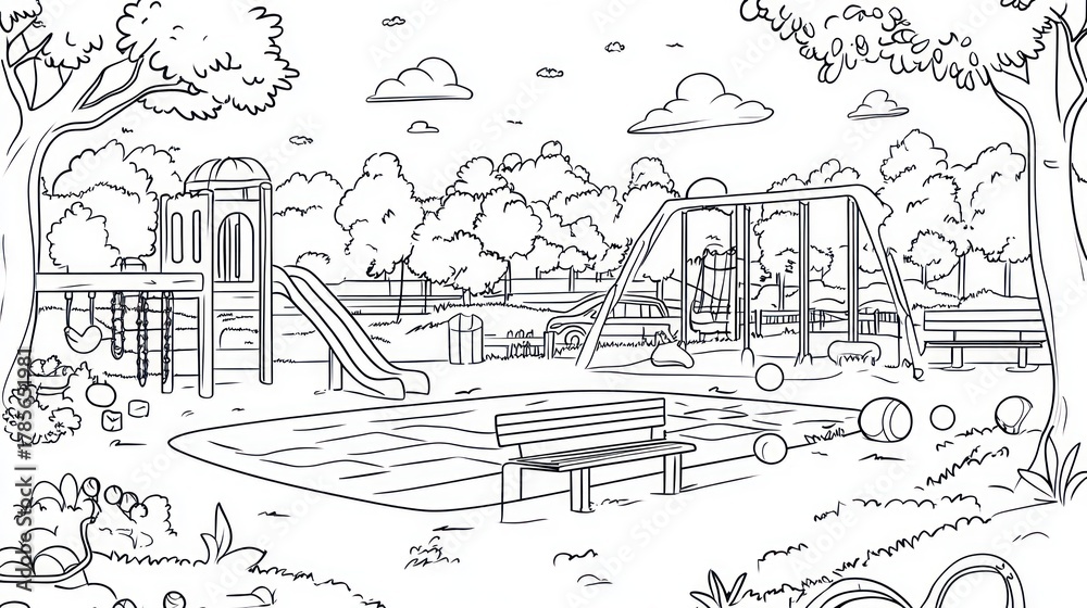 Obraz premium Playground equipment in park, trees and bushes in background. Use coloring page