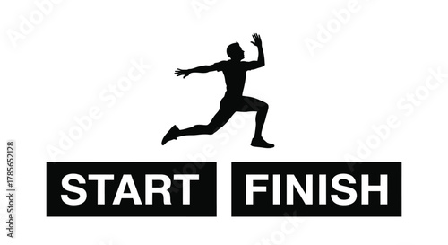 Runner sprints from start to finish line achieving success and goals