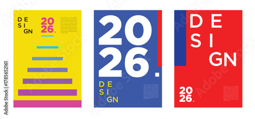 Vivid and futuristic 2026 posters with energetic gradients, abstract shapes, and bold compositions
