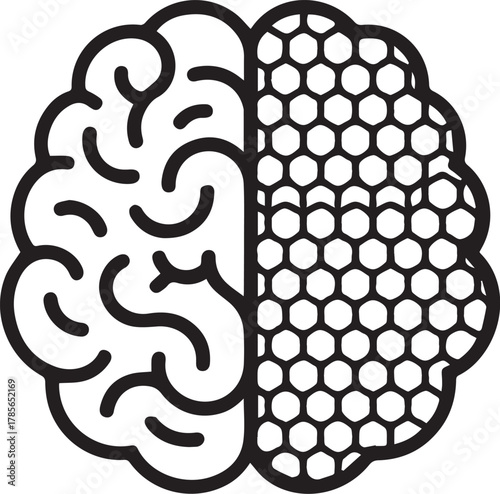 Brain icon with left side representing organic thought and right side depicting a structured honeycomb pattern for logical processing and ai.