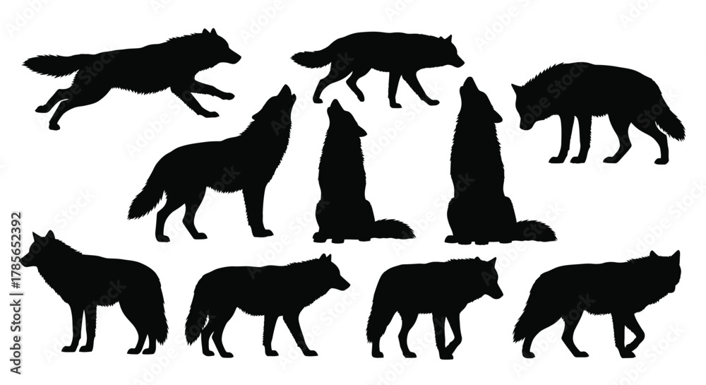 Naklejka premium Dynamic wolf silhouettes capturing primal power and wild spirit in motion