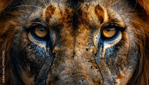 Fototapeta Majestic Lions Intense Gaze Closeup of the Kings Eyes with Stunning Wildlife Portrait.