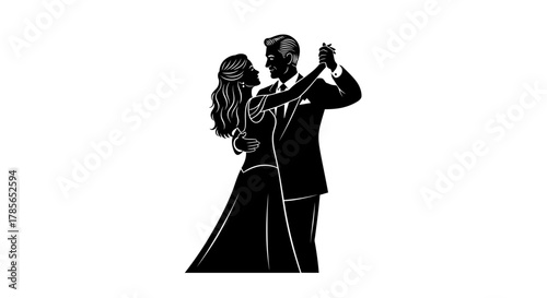 Elegant couple waltzing in formal attire, capturing romance and celebration