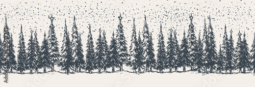Winter Forest Landscape Vector Banner Design. Vintage Style Xmas Background Design with Fir Trees Landscape. Winter Template for Postcard, Banner, Print Design.