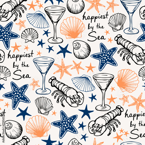 Hand Drawn Sketch Seamless Pattern in Sea Coastal Style. Summer Vacation Template Design for Prints. Patterns, Fabric, Greeting Cards, Party, Invitations. Minimalist Vector Sketch Art Line Wallpaper