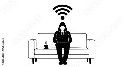 Hacker working on laptop on couch with coffee and Wi-Fi signal