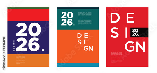 Vivid and futuristic 2026 posters with energetic gradients, abstract shapes, and bold compositions