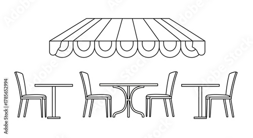 Outdoor cafe tables and chairs under awning for dining