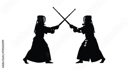 Two kendo fighters clash swords in dynamic silhouette battle