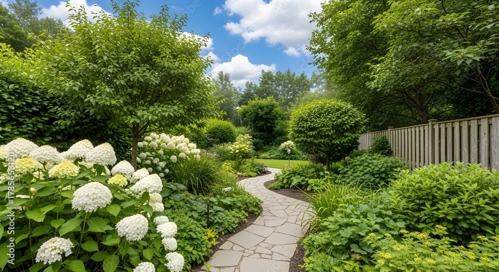 Obraz premium A serene winding stone path leads through a vibrant green garden filled with lush foliage and blooming white hydrangeas under a clear blue sky