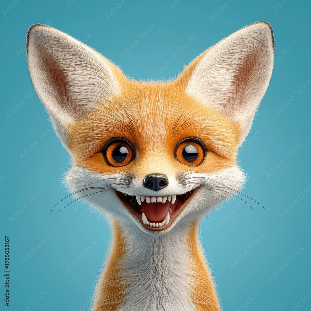 Obraz premium Adorable and Cheerful Cartoon Fox with Big Eyes and Bright Smile Against a Solid Blue Background