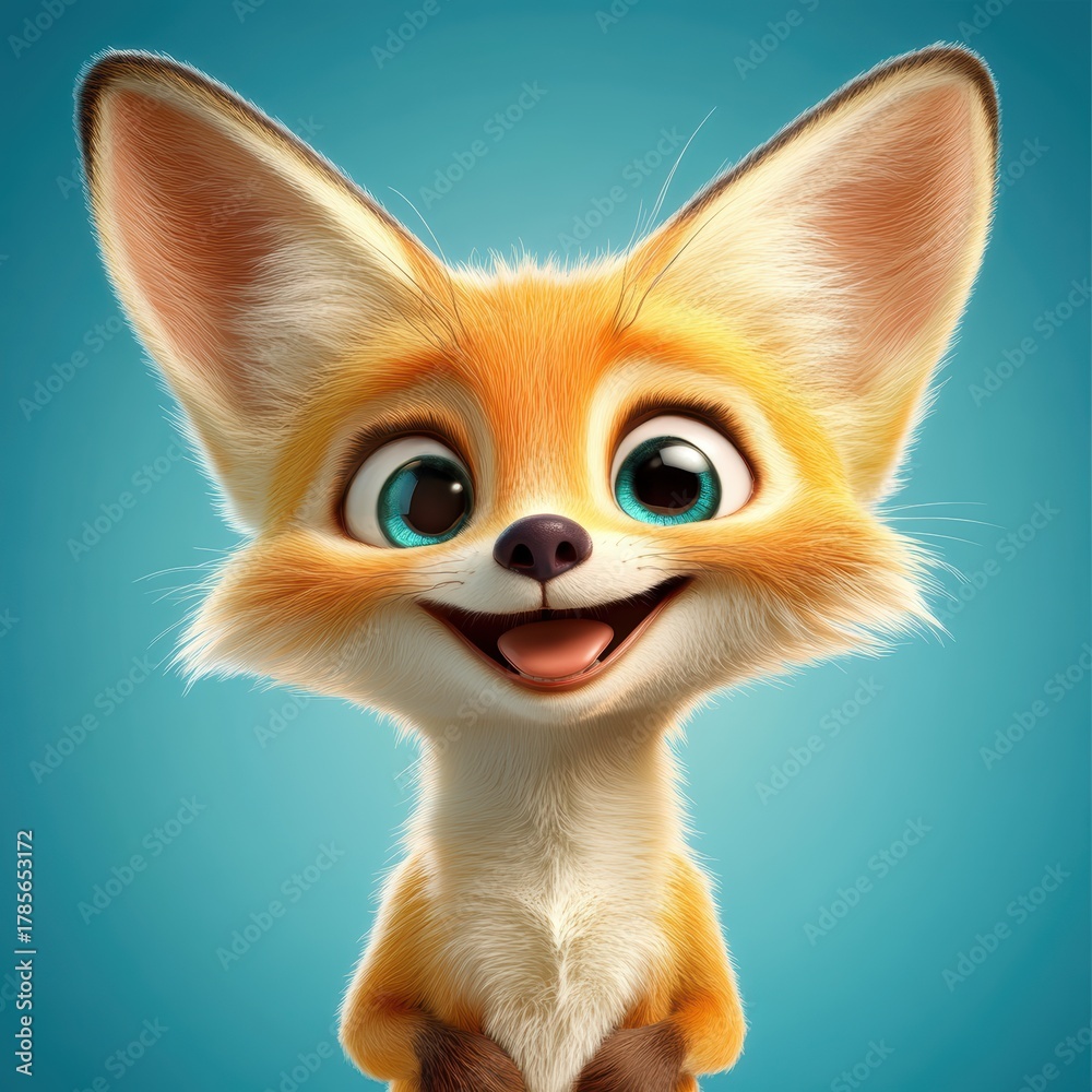Fototapeta premium Cheerful cartoon fox character with large ears, bright eyes, and a playful smile against a vibrant blue background in a whimsical and charming style