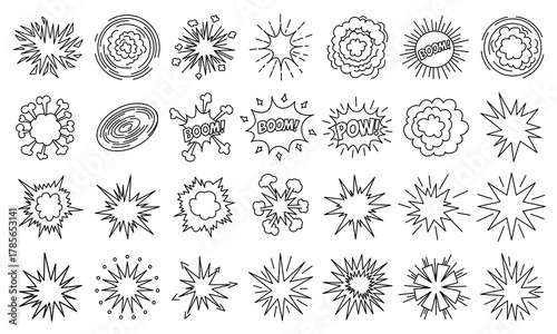 Dynamic comic explosion and speech bubble outlines, handdrawn doodle set