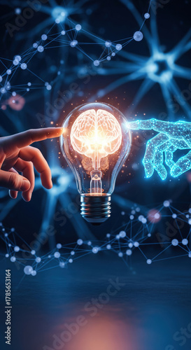 Wallpaper Mural Human hand digital hand light bulb brain neural network technology innovation artificial intelligence connection creativity. glowing brain inside light bulb symbolizes fusion of human intelligence Torontodigital.ca