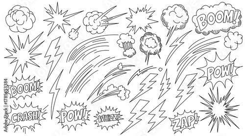 Impactful hand drawn comic book effects, essential speech bubble and action elements collection
