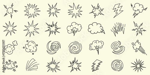 Diverse hand drawn comic doodle explosion set and weather effects, scribble graphic elements