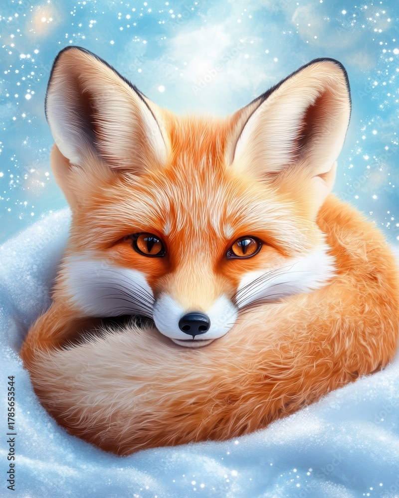 Fototapeta premium Adorable Red Fox with Bright Eyes Curled Up in Snowy Landscape Under a Blue Sky, Capturing the Essence of Winter Wildlife and Natural Beauty