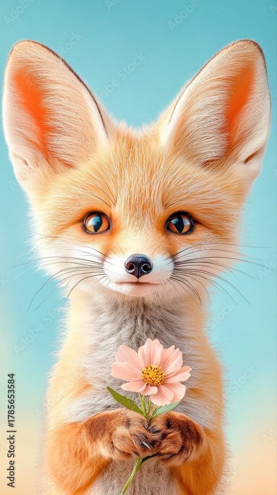 Fototapeta premium Adorable fox holding a delicate flower against a soft pastel background, showcasing the beauty of nature and wildlife with a whimsical charm