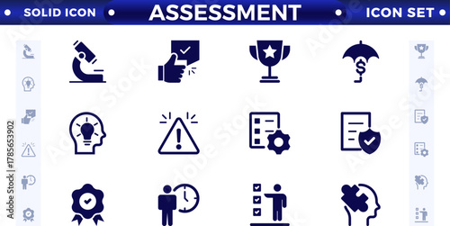 Assessment solid icons set with goals, results, process, quality, evaluation, planning, analysis, auditing, financial report, measuring, expertise