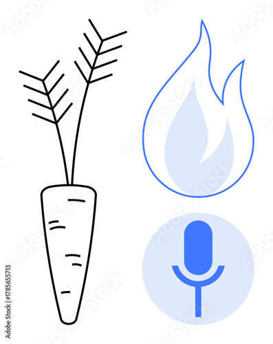 Black carrot outline, stylized blue flame, and microphone icon. Ideal for nutrition, energy, communication, agriculture, podcasting innovation health awareness. A simple flat metaphor
