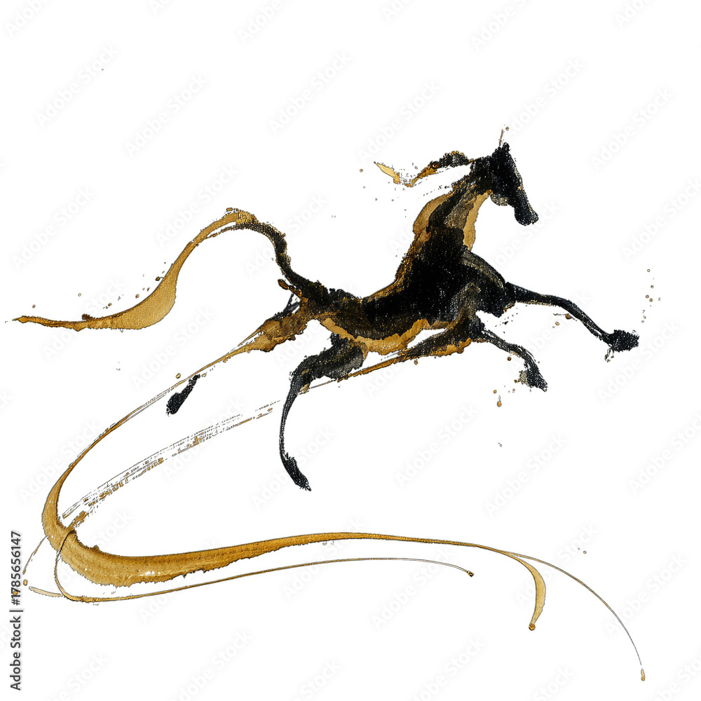 Fototapeta premium Dynamic Golden Horse in Motion with Ink Splatter Trail on Black