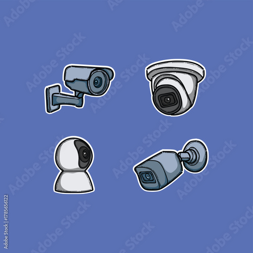 A set of illustrated security cameras including wall-mounted, dome, and bullet styles. Perfect for stock listings and articles about safety, home and business security, and monitoring systems.