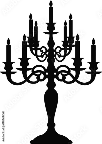 Black Silhouette of a Candelabra with Seven Lit Candles on White Background candle holder candlestick