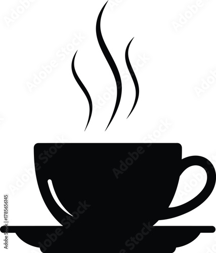 Black silhouette of a steaming coffee cup and saucer on white background vector illustration