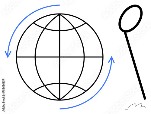 Rotating globe enclosed in arrows, paired with a magnifying lens symbolizing discovery. Ideal for globalization, research, innovation, education, technology, environment progress. Simple flat