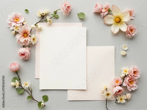 Blank white cards are surrounded by an arrangement of pink and white flowers and green leaves on a light gray background, creating a delicate and inviting composition.