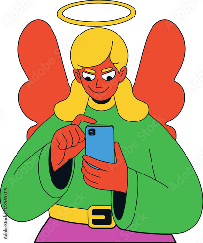 Angel Scammer Using a smartphone for Online Digital Fraud Vector