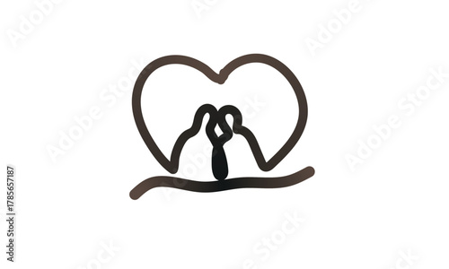 Abstract minimalist line art of two figures embracing within a heart shape on a simple wavy line