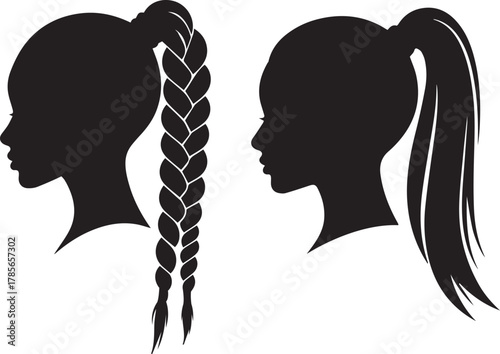 Two black silhouette profiles of young women s heads showing different hairstyles a detailed braid and a smooth ponytail