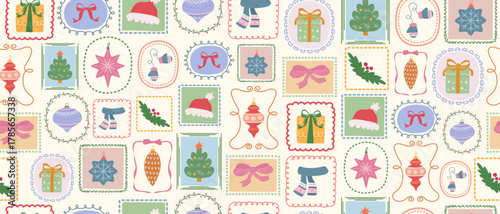 A seamless pattern with hand-drawn festive Christmas elements in framed squares and ovals. A festive illustration for winter and New Year's celebrations.