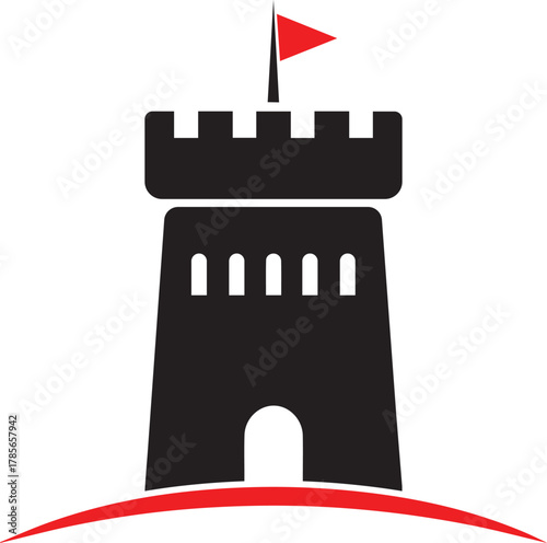 Black silhouette of a medieval castle tower with battlements and a red flag on top standing on a stylized red ground line against a white background symbolizing strength and history