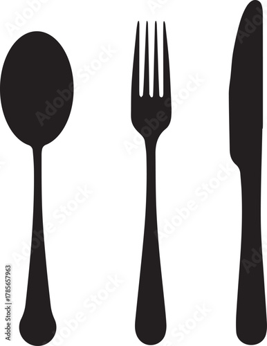 A simple black silhouette of a spoon fork and knife arranged side by side on a white background representing dining and eating utensils