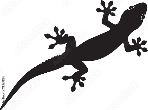 Silhouette of a small lizard with a long tail and distinct toes captured in a dynamic pose against a clean white background symbolizing nature and wildlife
